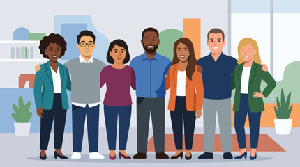 Fototapeta premium Group of diverse people standing together in a bright lobby.