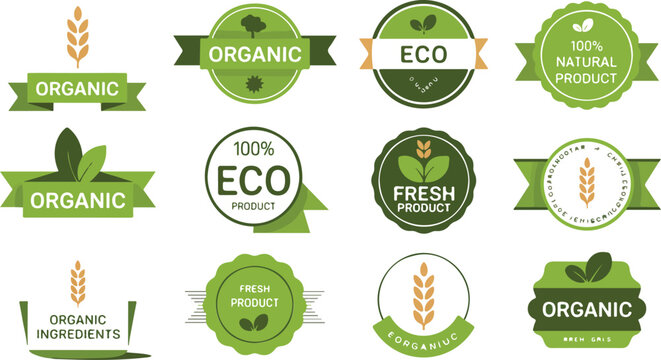 Organic eco label vector set featuring twelve green product badges in modern minimalist branding grid layout illustration