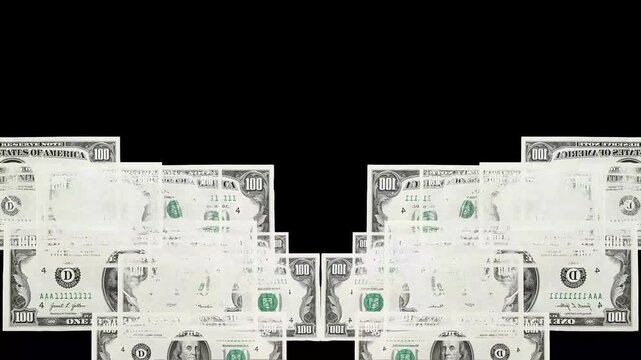 Dynamic animation of 100 dollar bills multiplying and falling down on a black background, symbolizing financial growth, wealth, and prosperity. Ideal for business, finance, and economic themes.