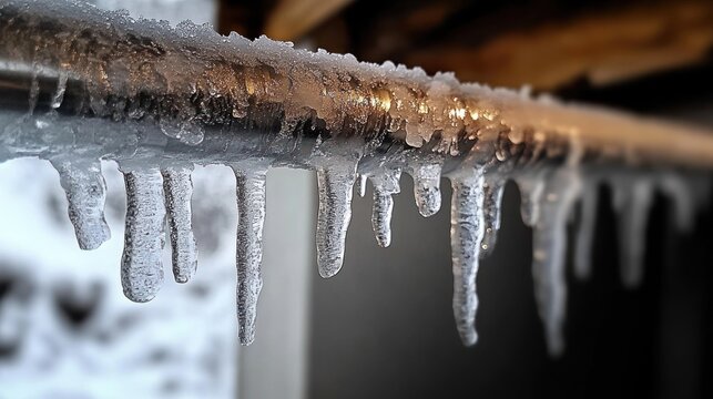 Close-up of a metal railing coated in frost with hanging icicles and dripping meltwater, warm reflections on ice and a snowy blurred background evoking cold stillness