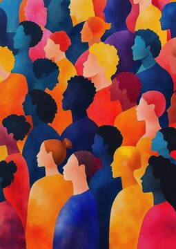Vibrant crowd of diverse side-profile silhouettes in warm and cool tones, overlapping figures conveying unity, contemplation and communal energy
