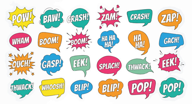 A collection of colorful comic book-style speech bubbles
