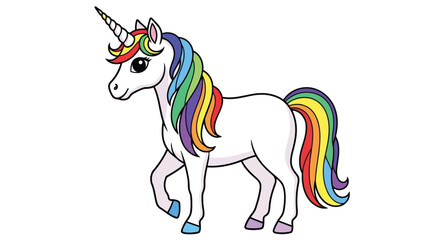 Cute cartoon unicorn with a colorful rainbow mane and tail © Saharia