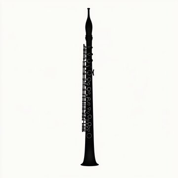 black oboe silhouette centered on white background showing slender woodwind body and keys, conveying serene elegance and minimalist solitude
