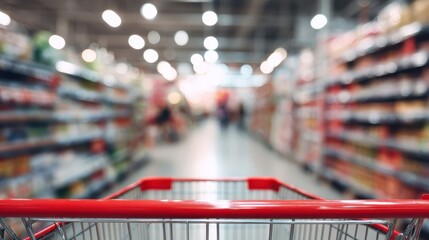 Fototapeta premium Supermarket aisle blur with shopping cart foreground, grocery store interior