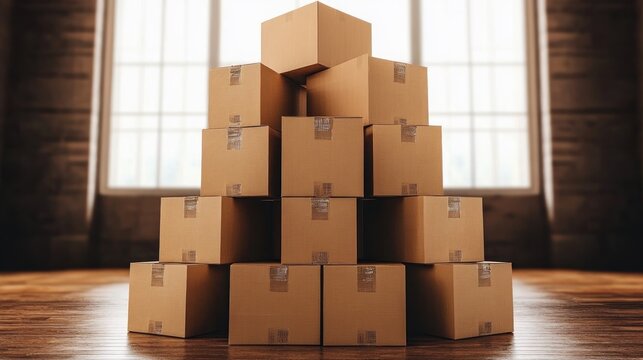 Pyramid of stacked cardboard boxes on a wooden floor in a sunlit loft with large windows, neat and organized atmosphere