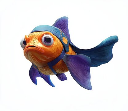 orange goldfish with oversized eyes wearing a blue and purple helmet and flowing fins on white background, wistful expressive face