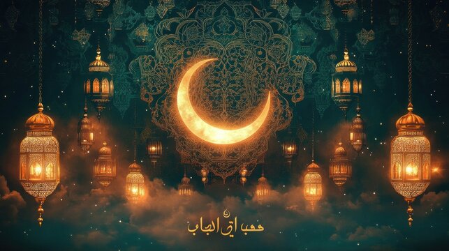 golden crescent moon surrounded by ornate hanging lanterns, intricate arabesque patterns and glowing arabic calligraphy over misty clouds, serene mystical atmosphere