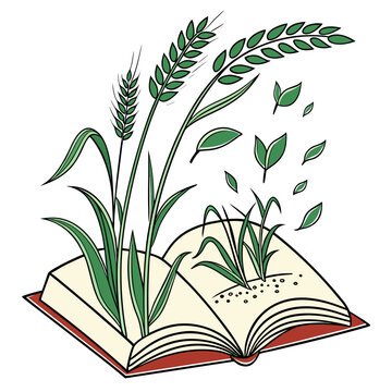 open book with wheat stalks and green leaves vector illustration