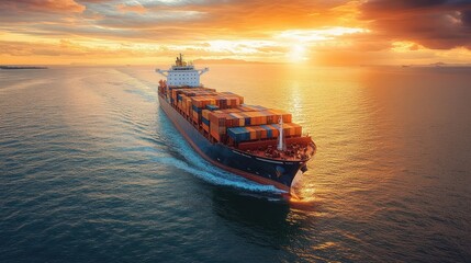 Obraz premium Container ship crossing calm open sea at golden sunset with stacked colorful containers, glowing sky, reflective water and a serene majestic atmosphere
