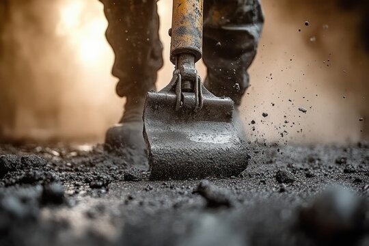 low-angle close-up of an excavator bucket digging into gravel and asphalt with dust and flying debris, worker boots in the background conveying gritty powerful motion
