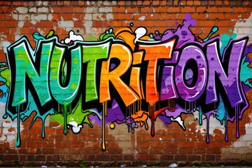 Fototapeta premium Vibrant Graffiti Art: The Word Nutrition Sprayed on Brick Wall