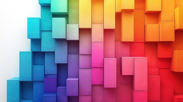 vibrant staggered 3d rectangular blocks in rainbow gradient forming an energetic playful abstract geometric wall