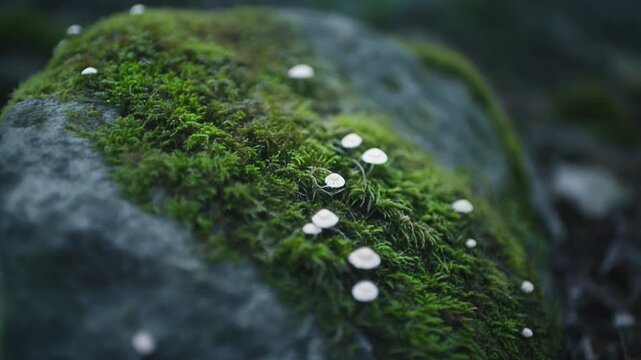 Close Up Moss and White Mushroom Cluster on Rock.