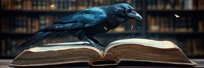 Obraz premium solemn black raven perched on an open ancient book in a dim library with drifting pages and pale mist, evoking a mysterious and contemplative mood