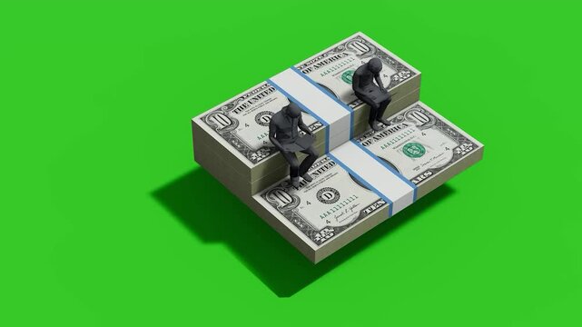 A 3D animation of two abstract figures sitting on stacks of ten-dollar bills and working on laptops, set against a green screen. This visual represents concepts of business, finance, digital income