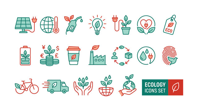 Ecology icons set with green and red graphics on white background for eco friendly concepts