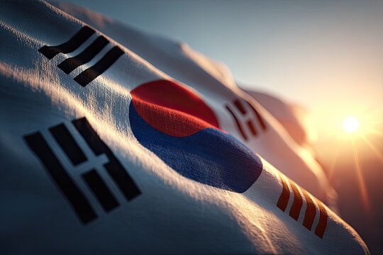 Korean flag waving in the sun, close-up, with a golden glow