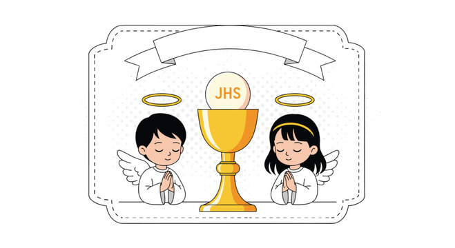 First holy communion card design with a golden chalice holy host and two praying angels for children.