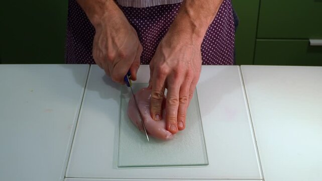 Top view of male hands cutting raw chicken breast on glass cutting board. Close-up food preparation process in kitchen, slicing fresh poultry meat for cooking, meal prep and healthy diet concept