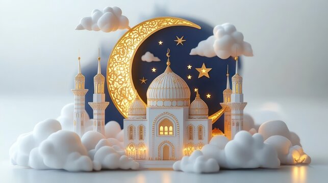 ornate white mosque with domes and minarets amid fluffy clouds, glowing golden crescent moon and stars against a dark night disk, serene and dreamy