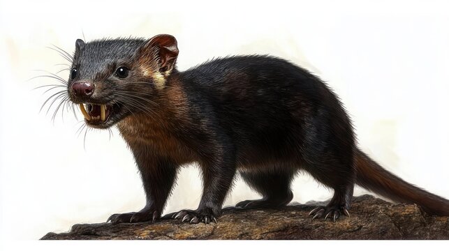 Snarling dark-furred mustelid standing on a rock with bared teeth and whiskers, alert and aggressive against a white background