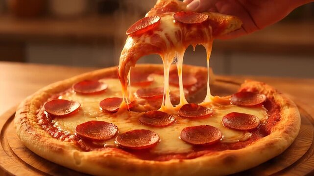 Delicious hot pepperoni pizza slice with stretchy melted cheese