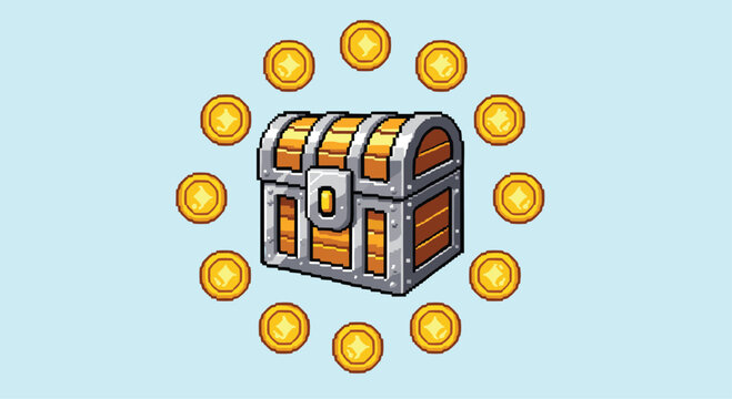 Pixel art treasure chest surrounded by glowing gold coins against a light blue background for game design.