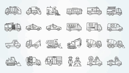A collection of hand-drawn vehicle icons, including cars, trucks, and construction vehicles, in a doodle style. © Galy Ariyandy