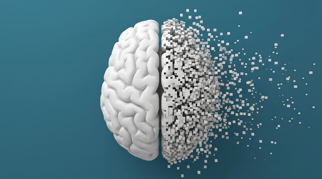 Futuristic 3D brain illustration with disintegration effect on blue background
