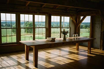 Fototapeta premium Rustic Farmhouse Table by Large Windows with Countryside View