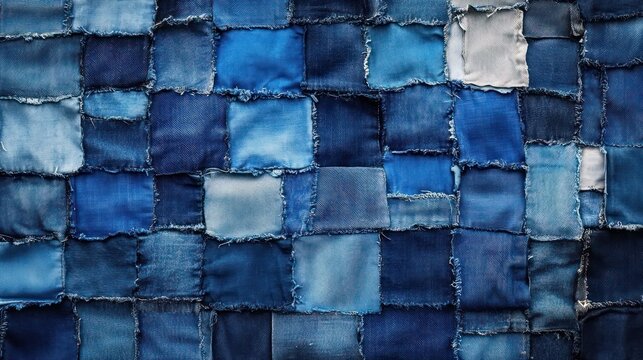 frayed denim patchwork of blue fabric squares with visible seams, stitched handmade cozy rustic quilt texture
