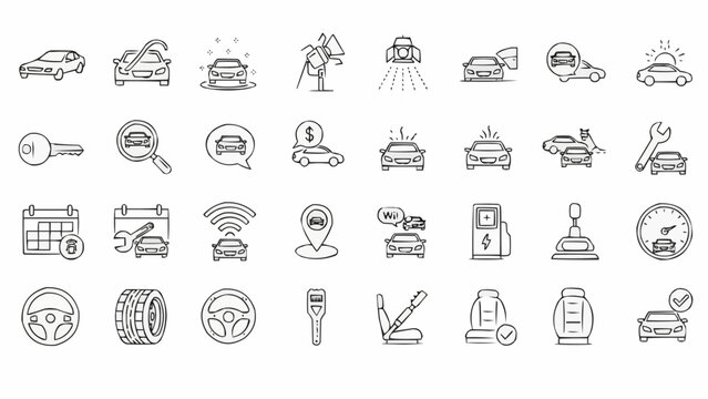Hand drawn car service and maintenance icons set for automotive industry.