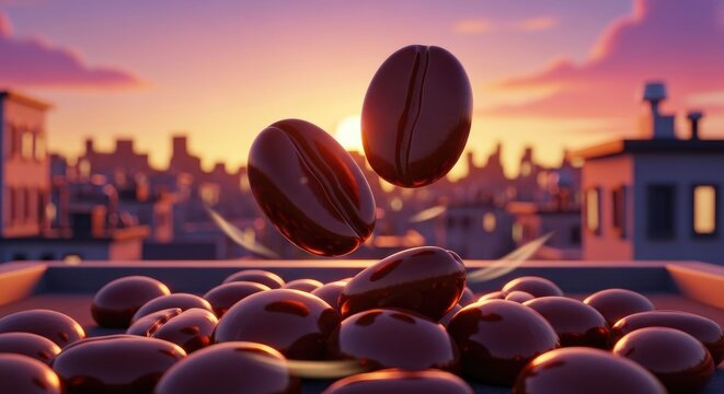 Coffee Beans Soaring Above Cityscape at Sunset.