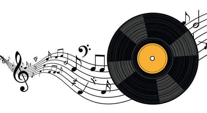 Classic black vinyl record with a yellow center label and swirling musical notes representing sound and rhythm.