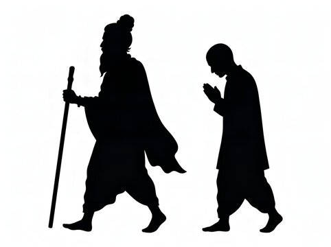 guru leading disciple walking with staff silhouette representing guidance mentorship life journey and spiritual learning concept