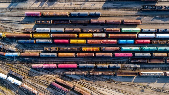 Aerial view of a train yard with numerous colorful railcars on parallel tracks, cast in sunlight, shadows