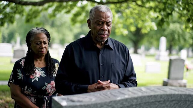 Grieving elderly couple stands at a gravestone in a cemetery with heads bowed in sadness and remembrance