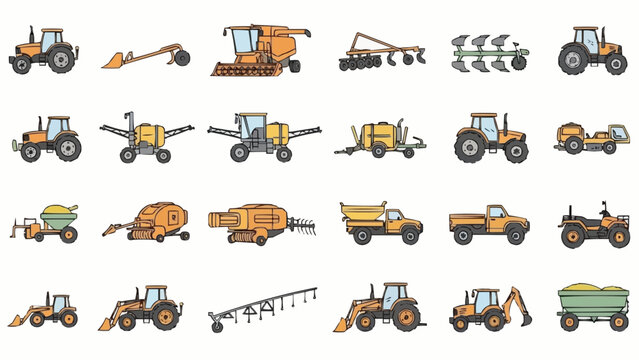 Collection of various agricultural machinery and farm equipment for modern farming operations.
