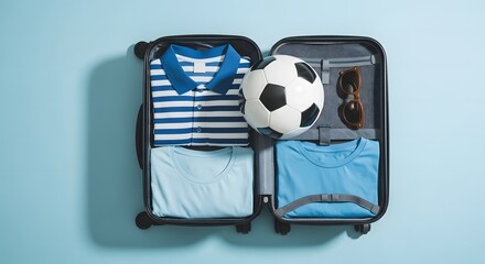 Overhead view of a suitcase packed with children's clothing and a soccer ball
