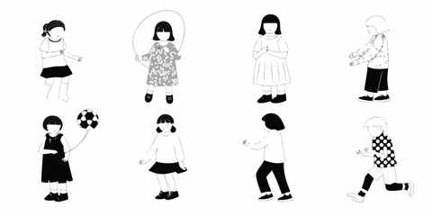 Obraz premium Children figures playing black and white vector illustration