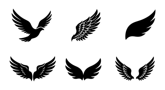 Black wing icons, feather silhouettes, wing graphics, flying symbols
