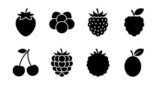 Blackberry, strawberry, cherry, raspberry icons, fruit symbols, 8pcs
