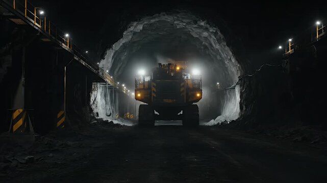 Underground Mining Operation Truck Exiting Tunnel with Headlights Excavation and Resource Extraction Heavy Equipment