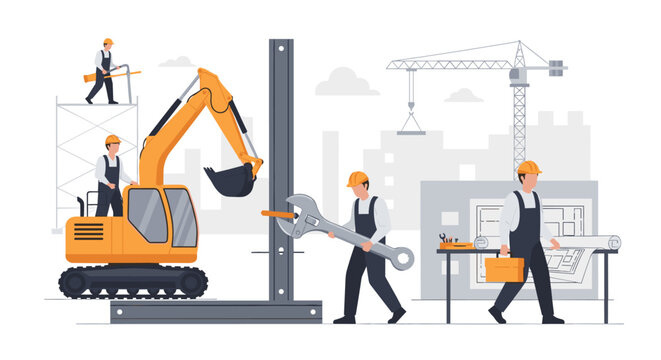 Construction Site Workers Operating Excavator And Crane.