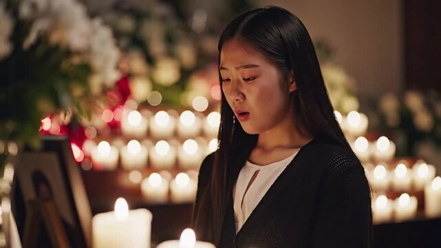 Young woman in mourning, tears welling in her eyes, contemplating a framed portrait amidst a sea of flickering candles, conveying grief and remembrance