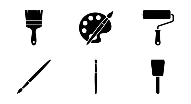 Painter tools, art supplies, black icons, vector graphics, painting equipment