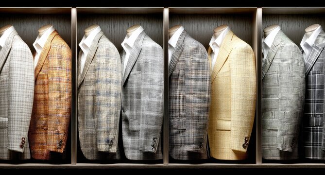 Row of men's suits, various colors and patterns, displayed in a retail store