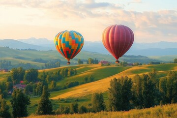 Fototapeta premium Two colorful hot air balloons floating over golden rolling hills with scattered trees and farmhouses and distant mountains at sunrise, peaceful and uplifting scene