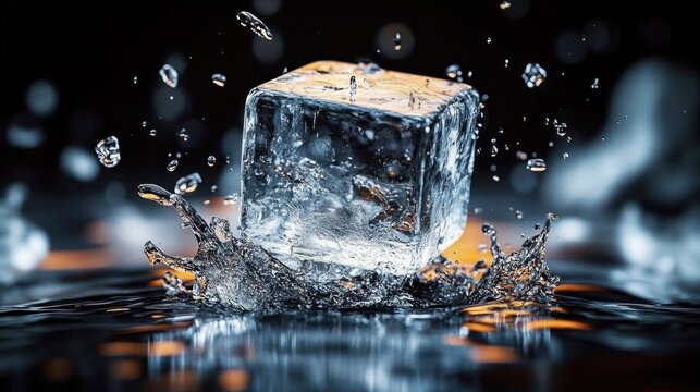 single crystal-clear ice cube splashing into dark reflective water with flying droplets and ripples, dramatic cold refreshing motion